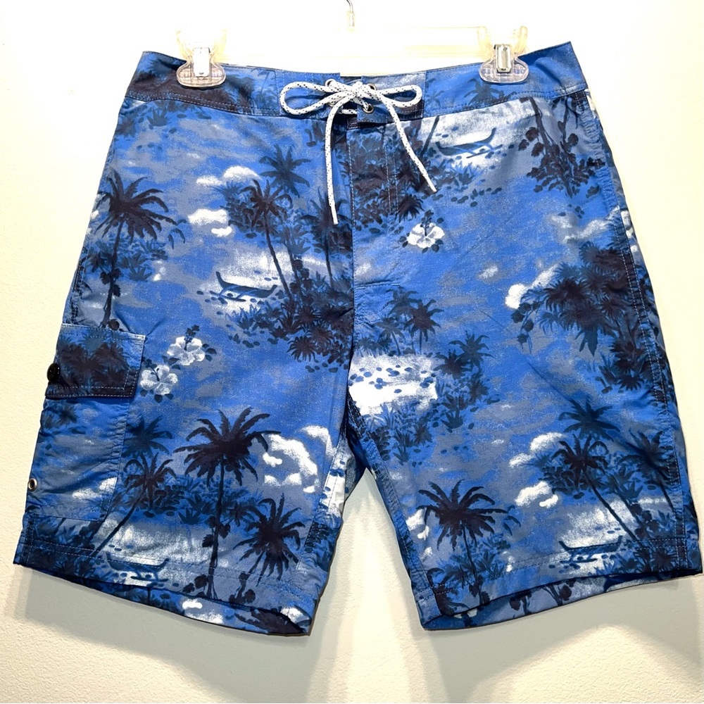 J. Crew Mens Mesh Lined Board Shorts Blue 30 Tropical Large Hook & Loop Closure